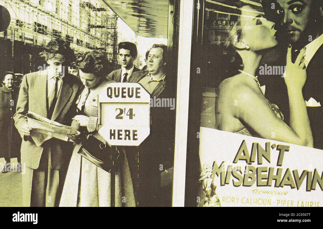 Vintage postcard showing people queuing to watch the film `Ain`t Misbehaving` London 1955 Stock Photo